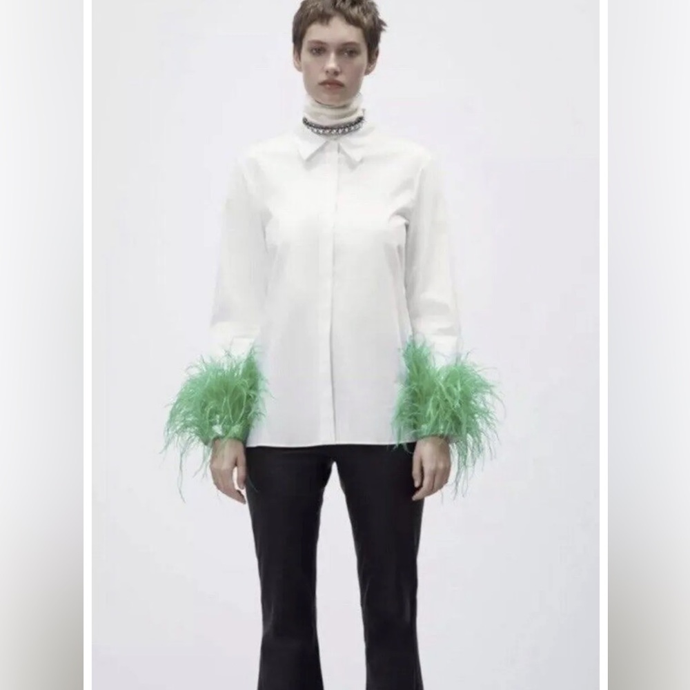 Zara white poplin shirt with feather appliqué